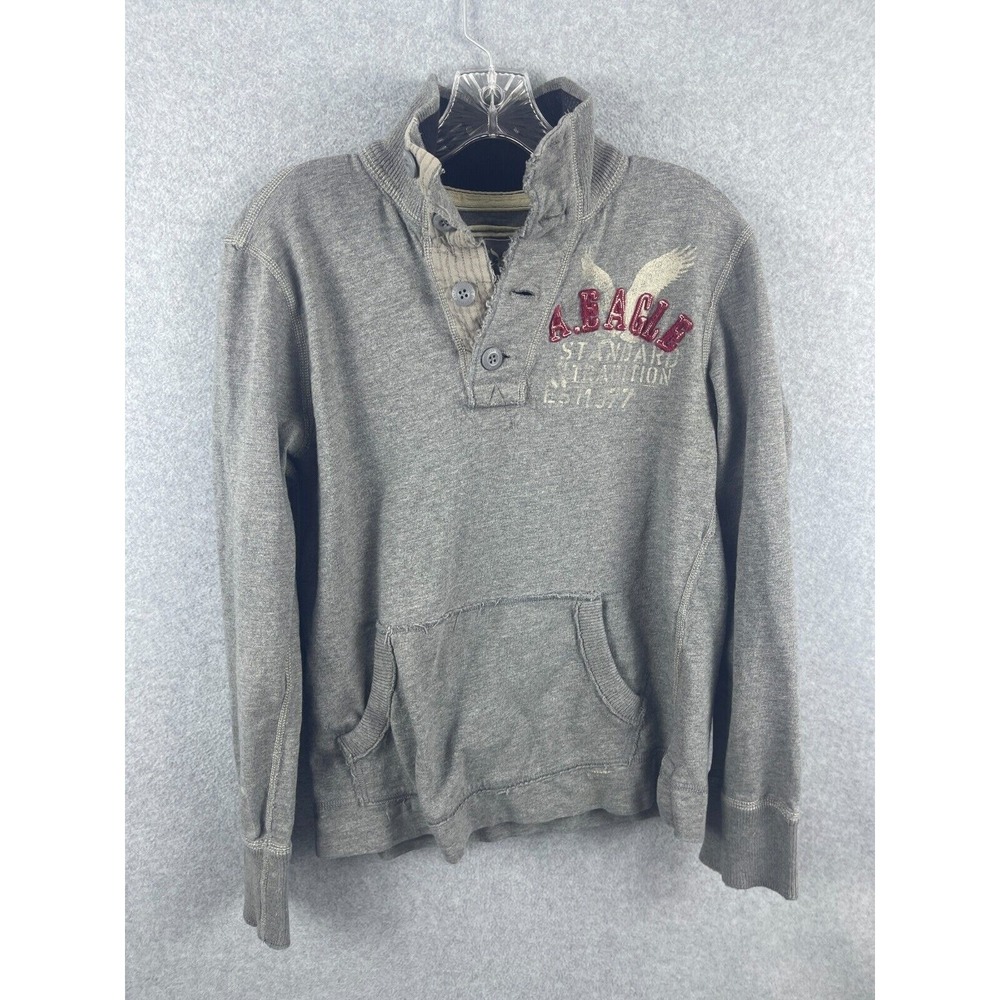 American Eagle Pullover Men's S Gray Long Sleeve‎ Sweater High Neck Buttons